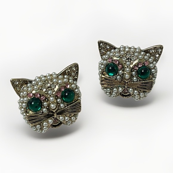 Betsey Johnson Jewelry - Cat Face Earrings Rhinestones Pierced 1"